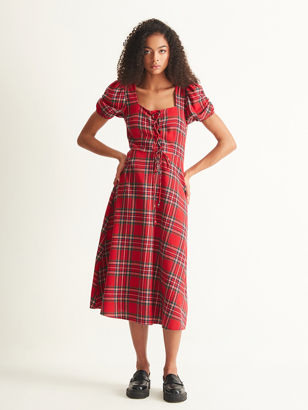 Red plaid midi dress best sale