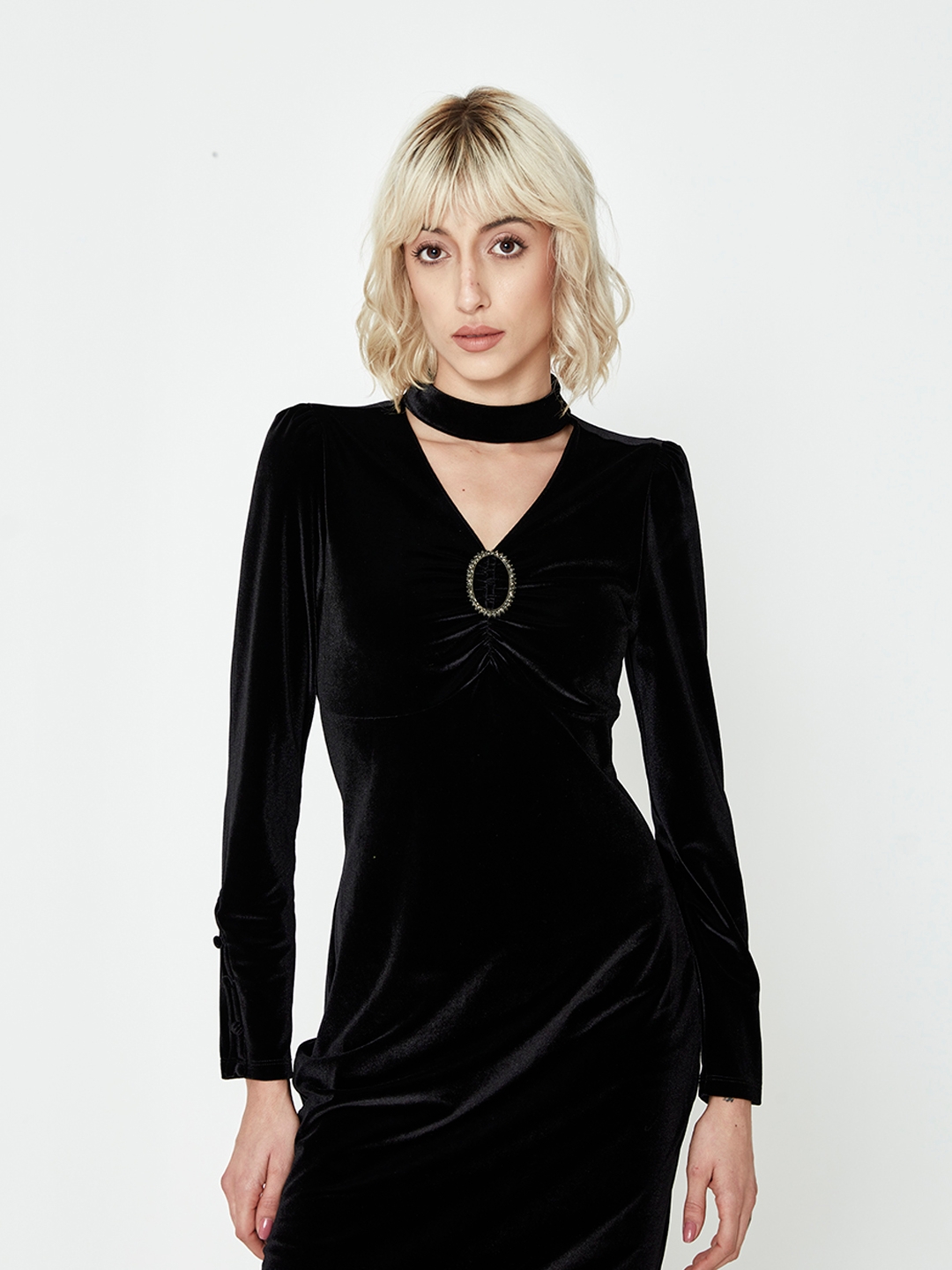 Maelise Black Velvet Maxi Dress w/ One Sleeve | Boutique 1861