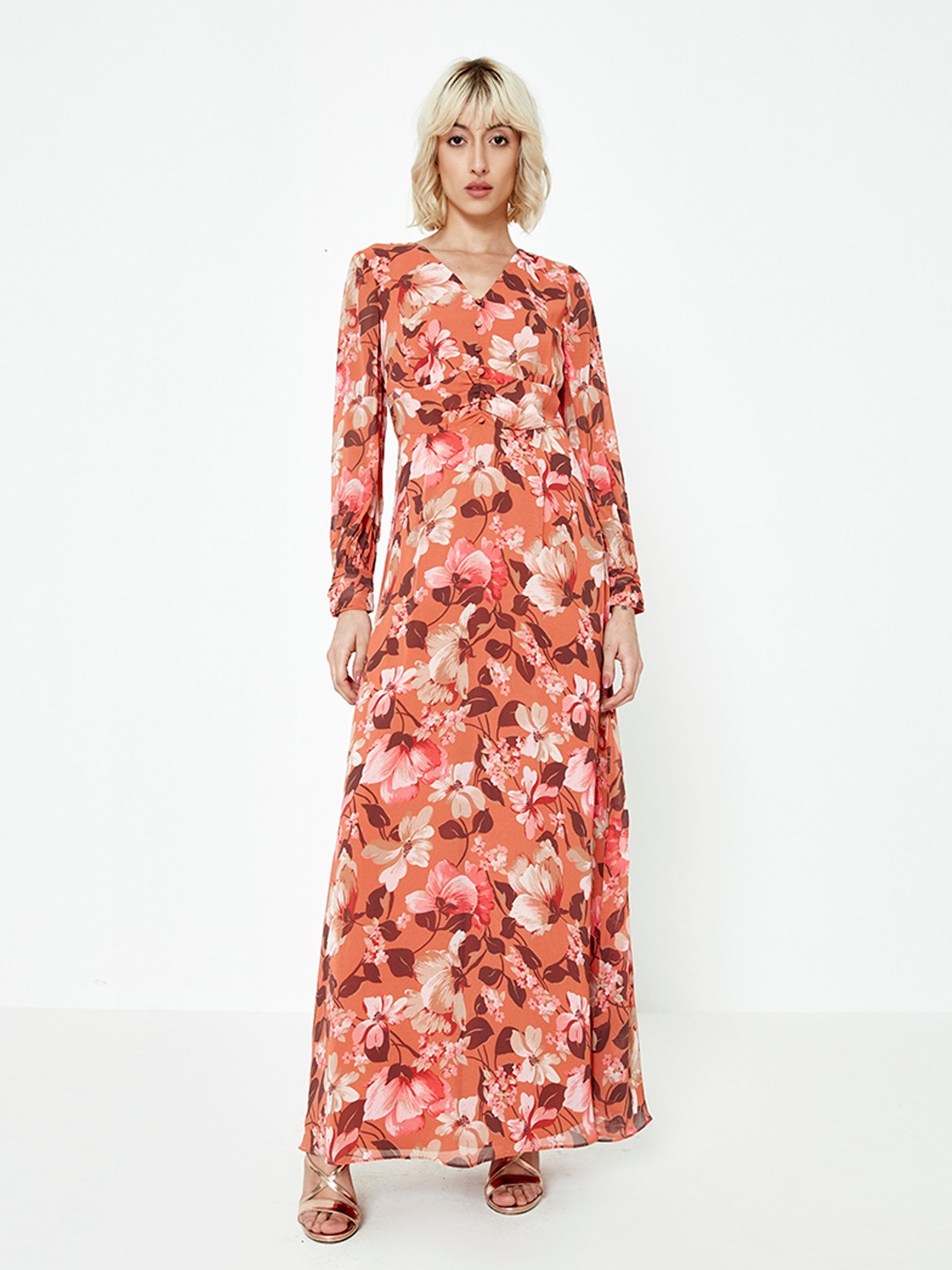 Orange floral print maxi dress