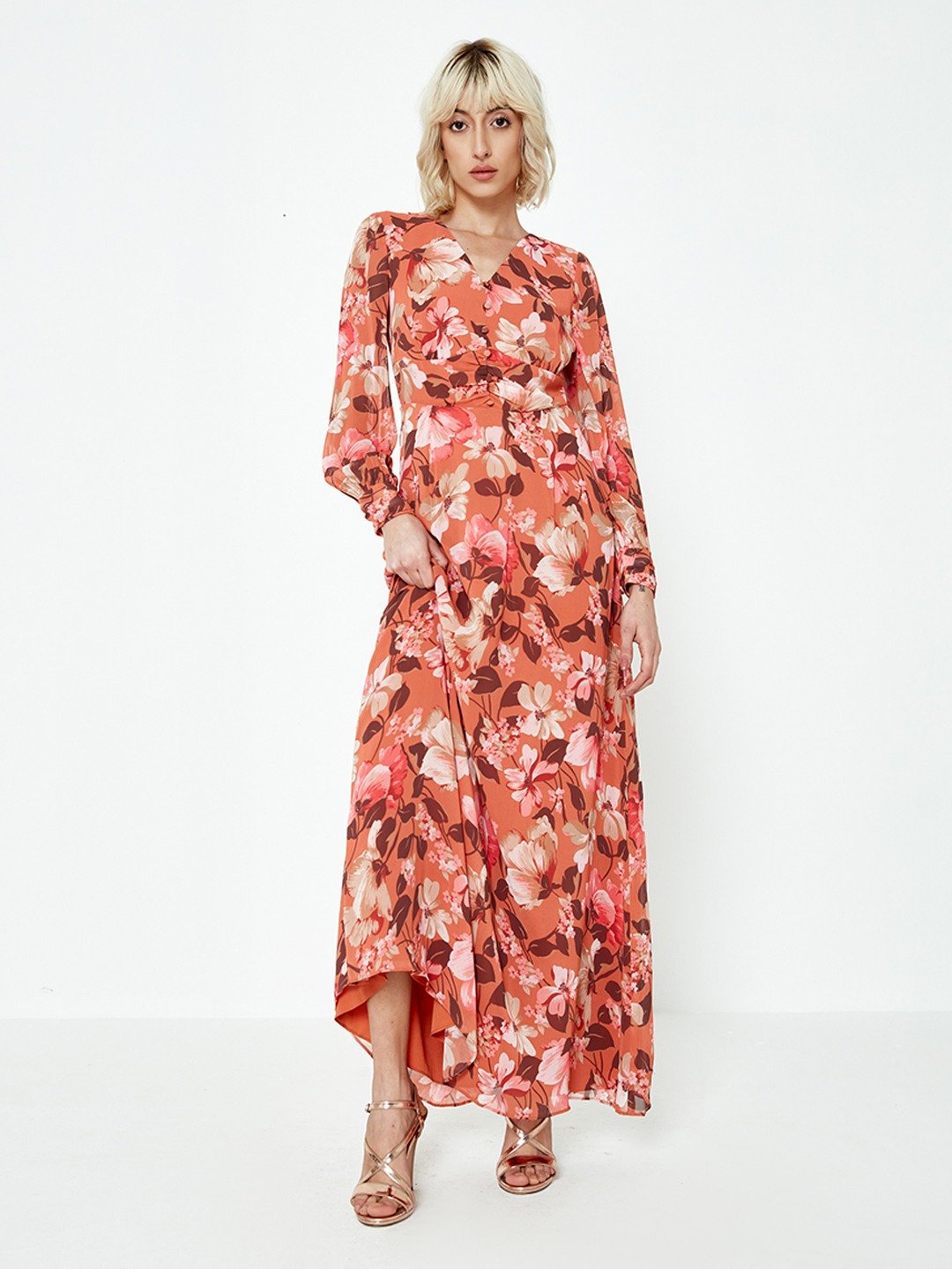 Orange floral maxi dress online