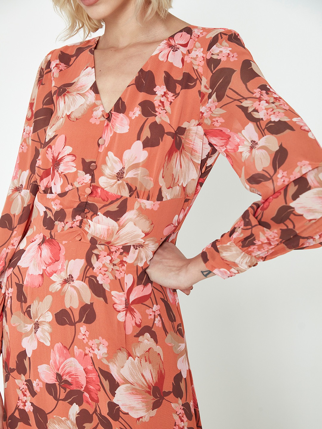 Orange floral best sale wrap dress
