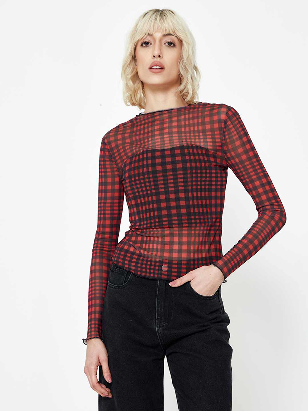 Black and red sales mesh top