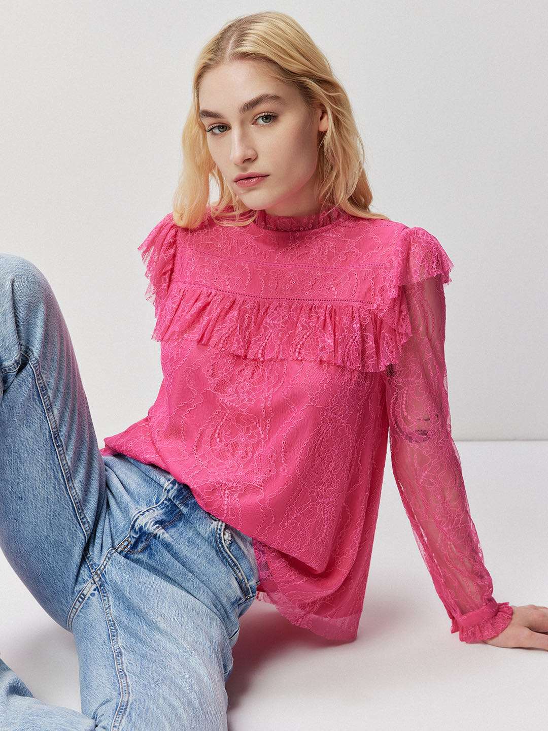 Fuchsia mesh high neck top
