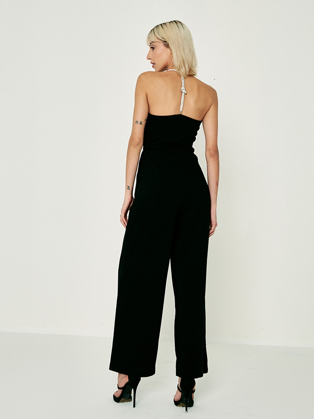 Black satin strappy jumpsuit