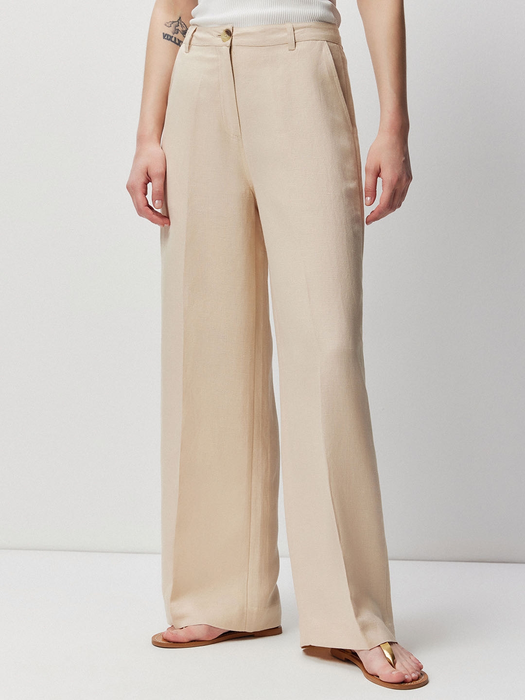 Buy Marks  Spencer Women Beige Linen Solid Parallel Trousers  Trousers  for Women 8463787  Myntra