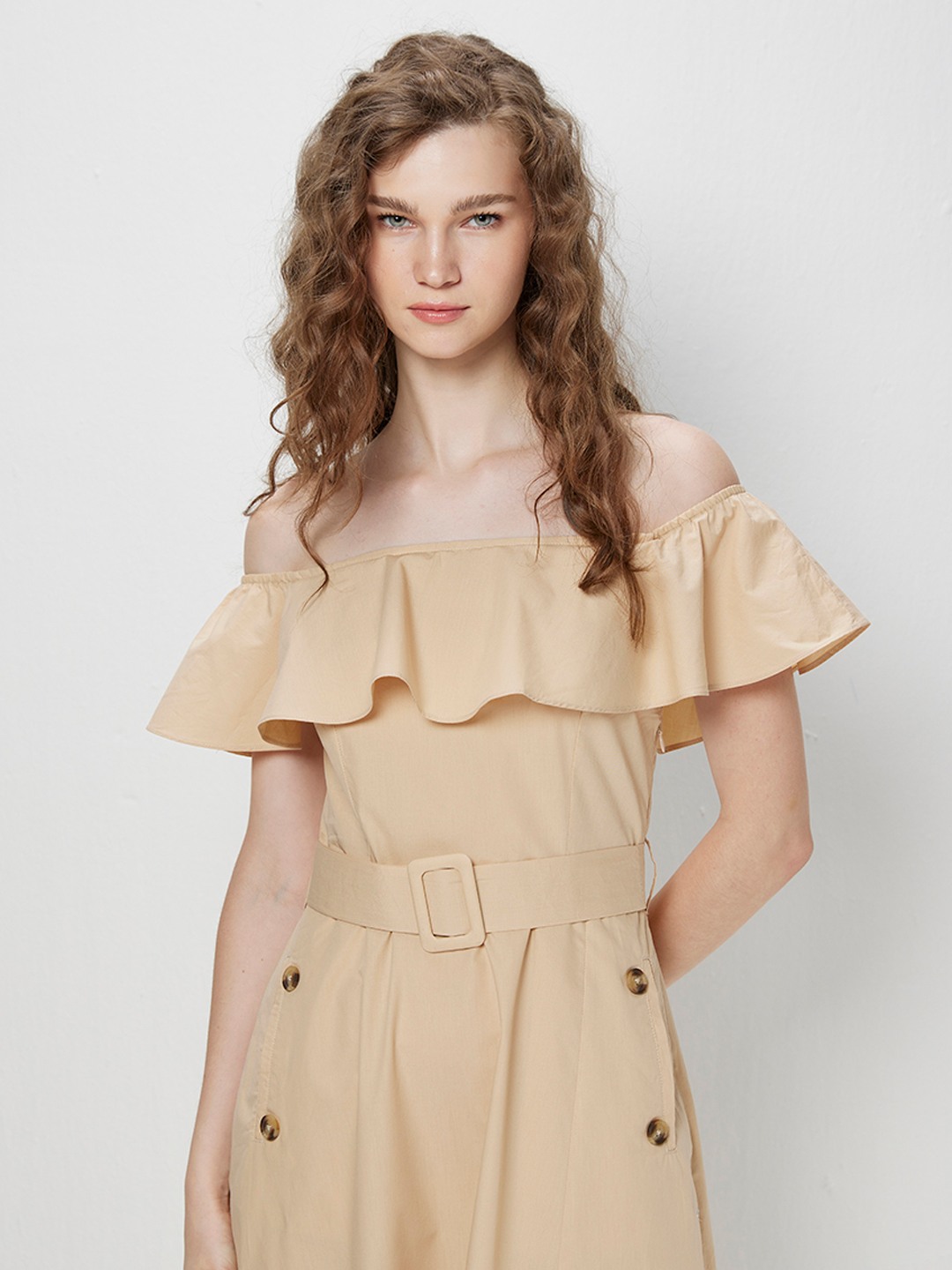 Off Shoulder Beige Dress CODE Women Striped Off-Shoulder A-line Dress Beige Off Shoulder Beige Dress CODE Women Striped Off-Shoulder A-line Dress Beige