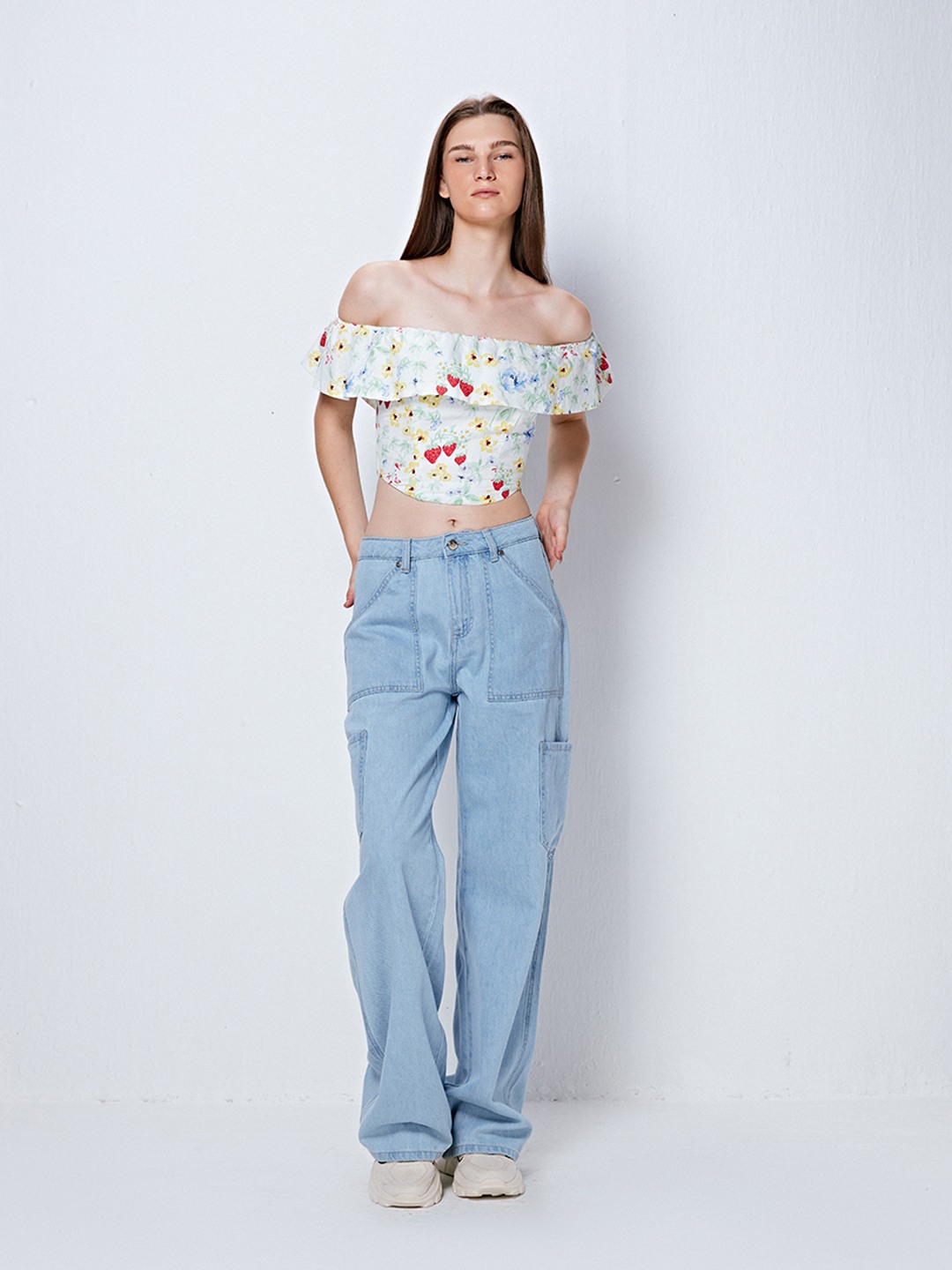 White ruffle bardot top on sale