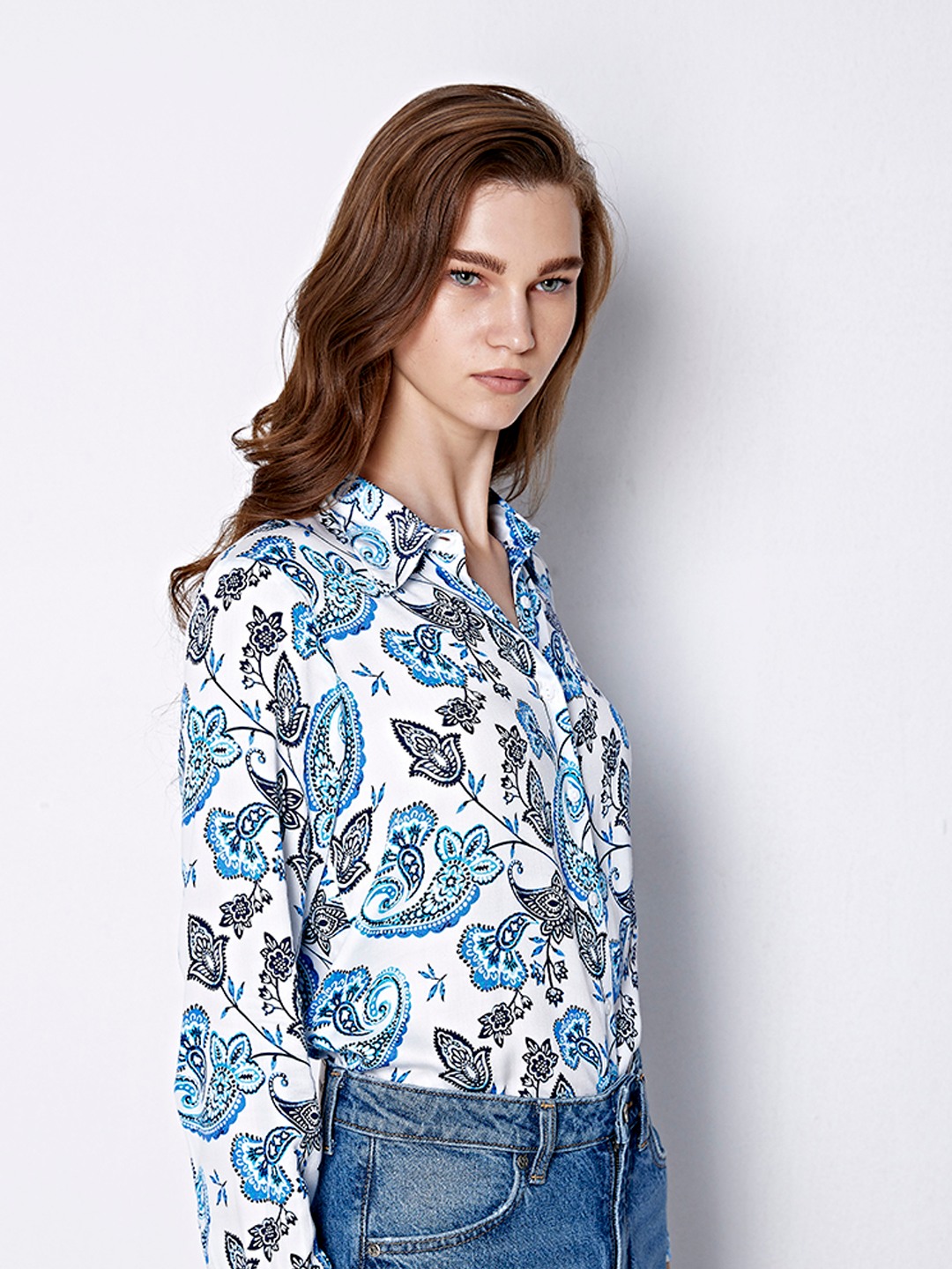 Blue & White Paisley Satin Shirt