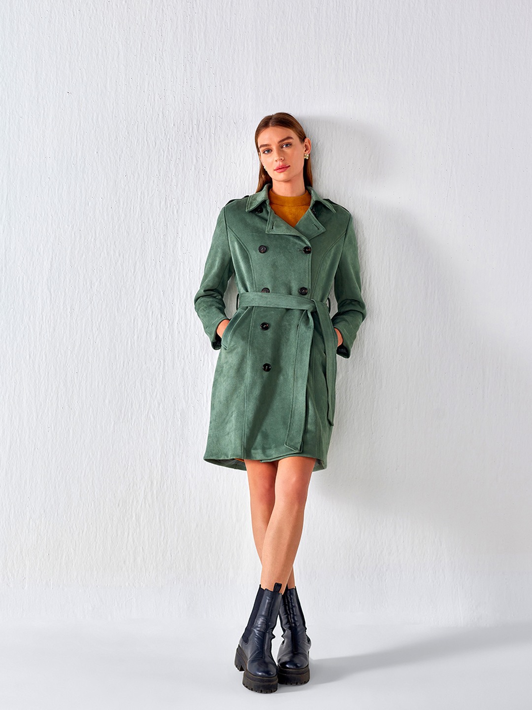 Green Suede Double Breasted Long Coat