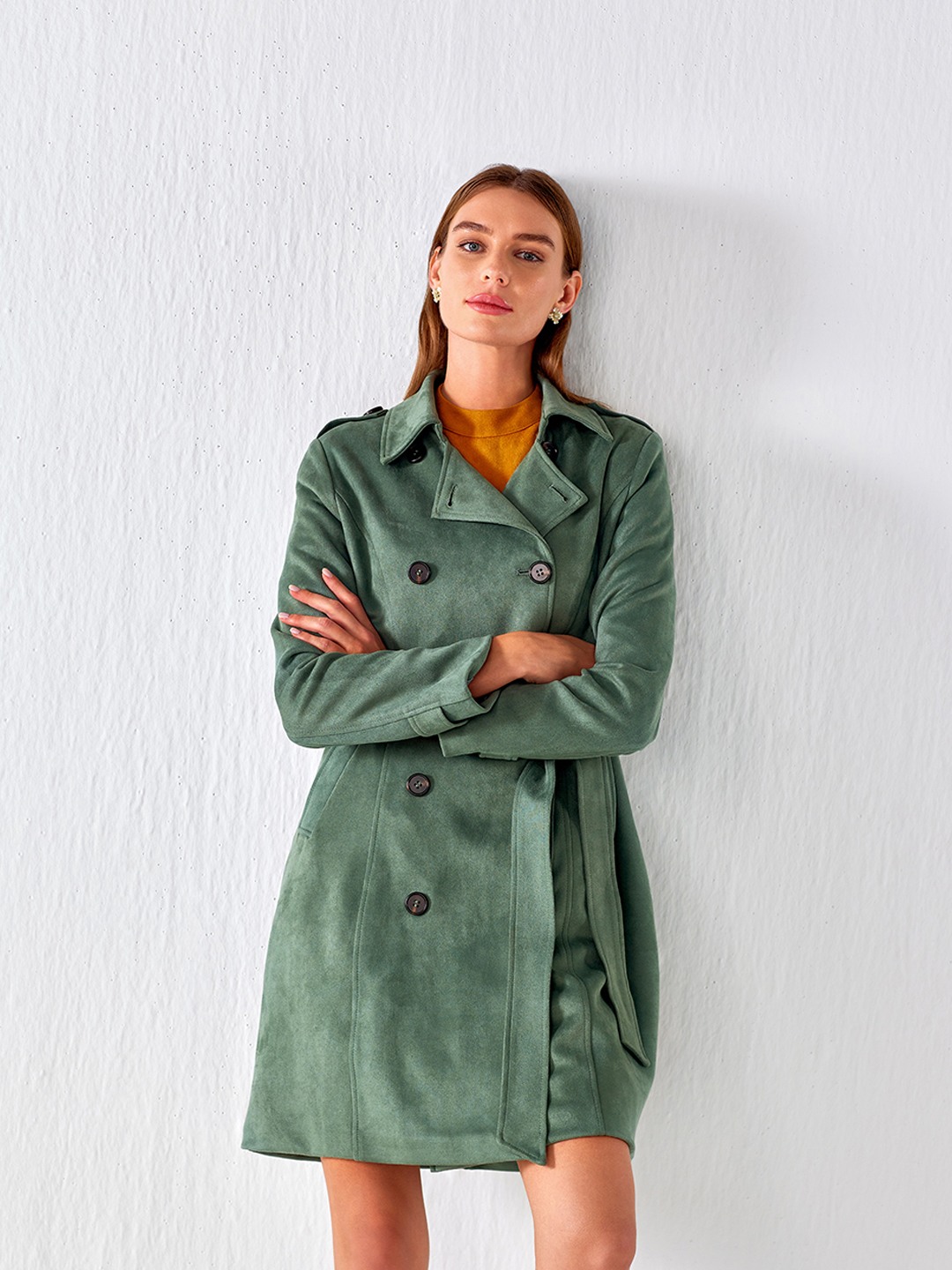 Green suede trench coat sales