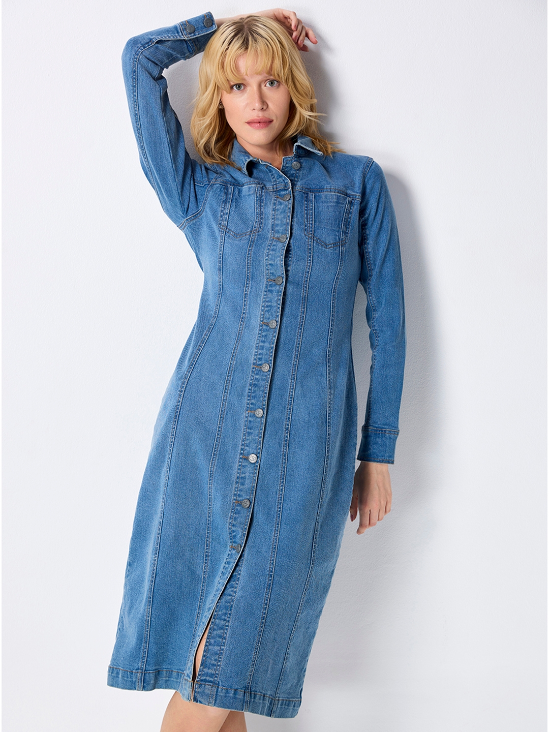 Buy pluss Women's Cotton Shirt Knee-Length Casual Dress  (LDR4730-DARKACID_Blue at Amazon.in