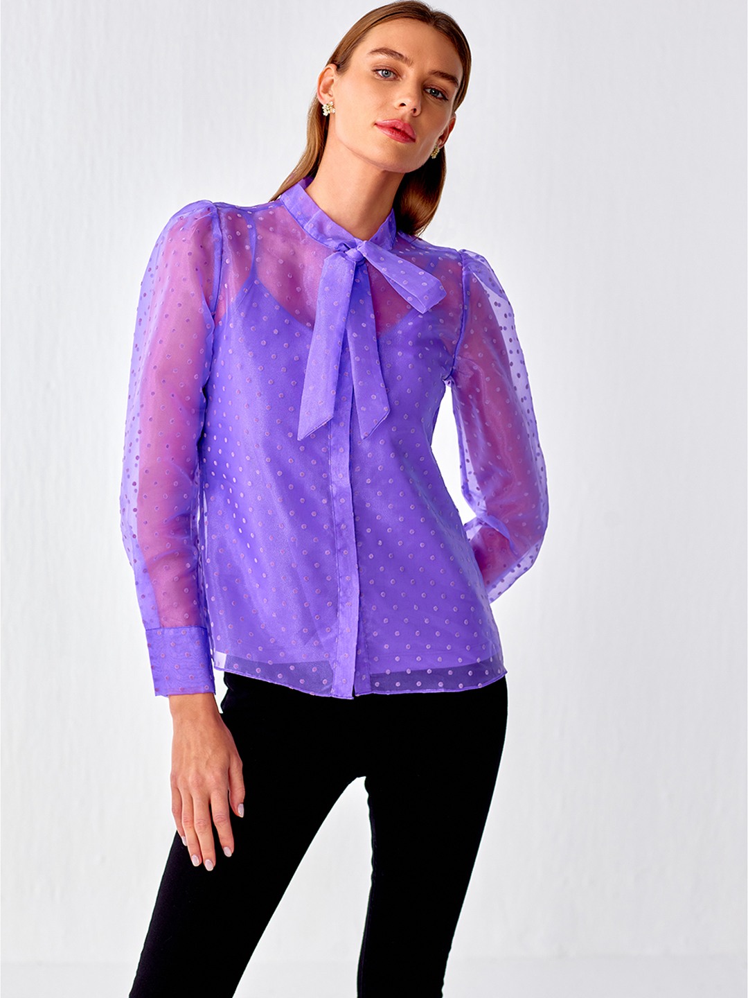 Swiss Dot Collar Short Sleeve Shirt main image 1