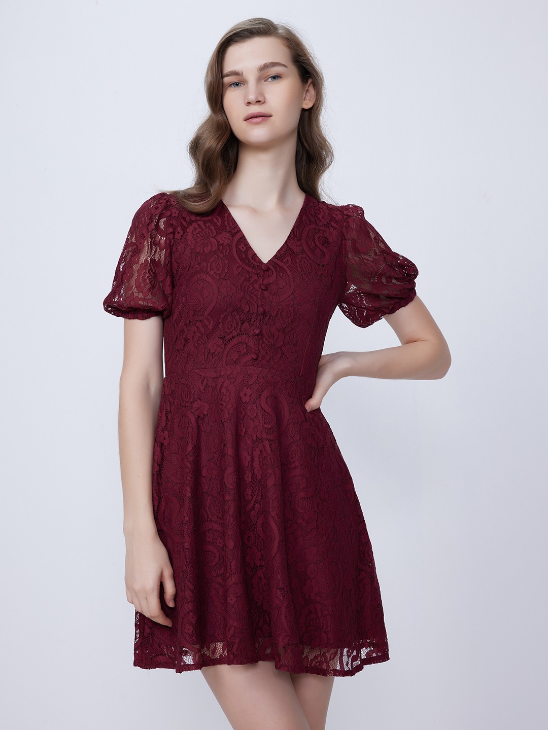 Maroon lace skater dress cheap