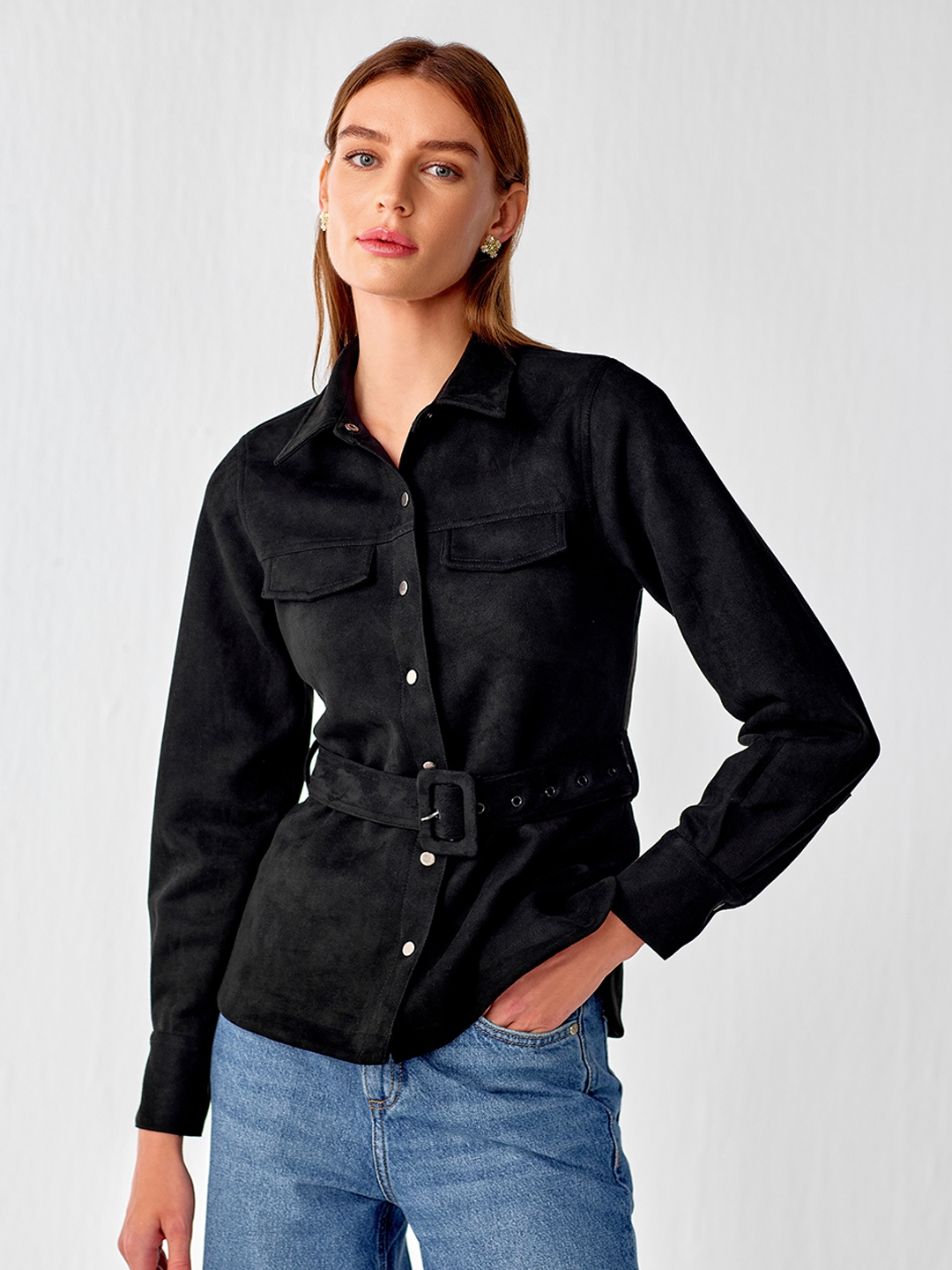 HUSH Deanna Denim Shirt, Washed Black at John Lewis & Partners