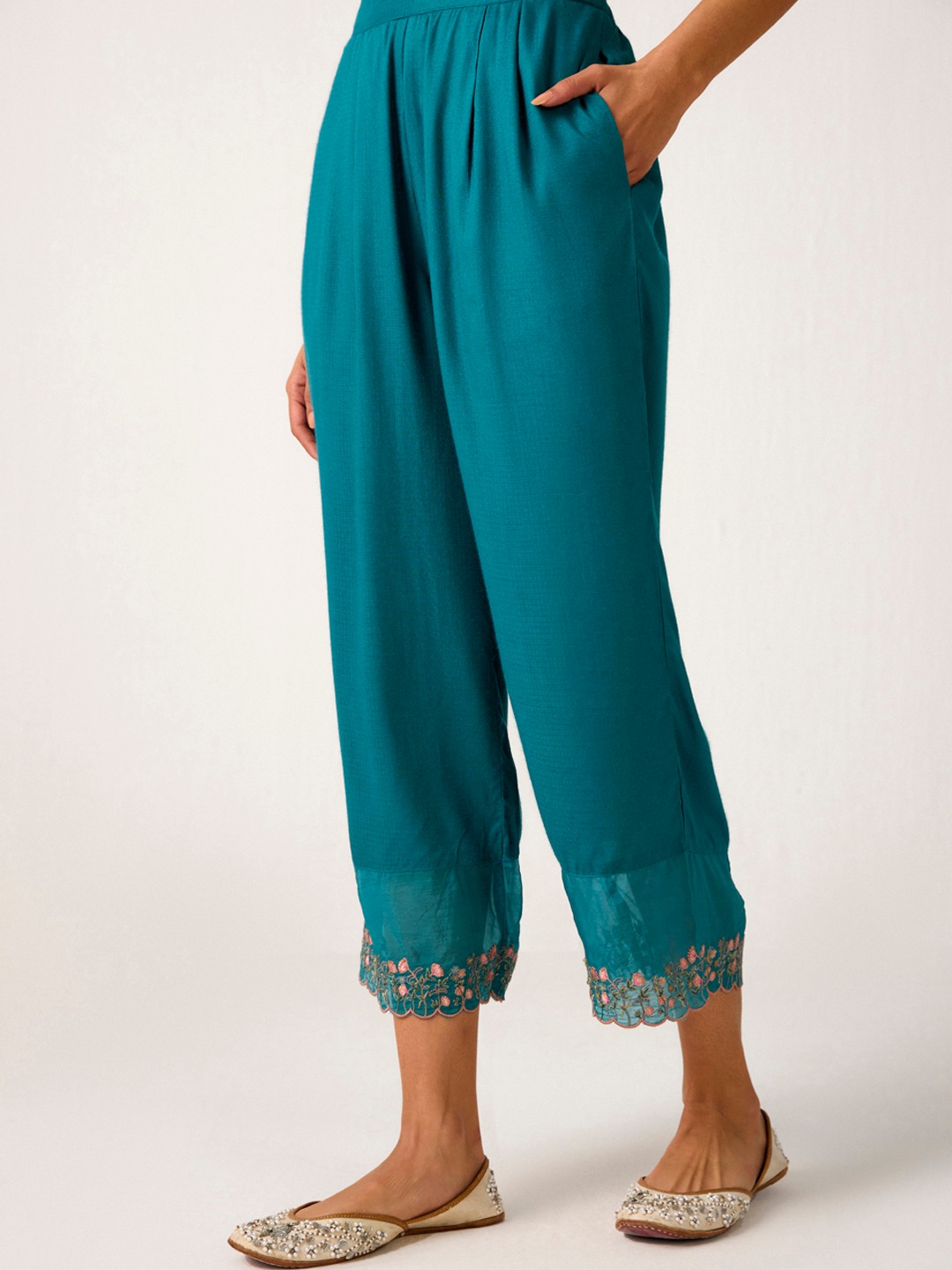 Teal Floral Ebroidered Trouser