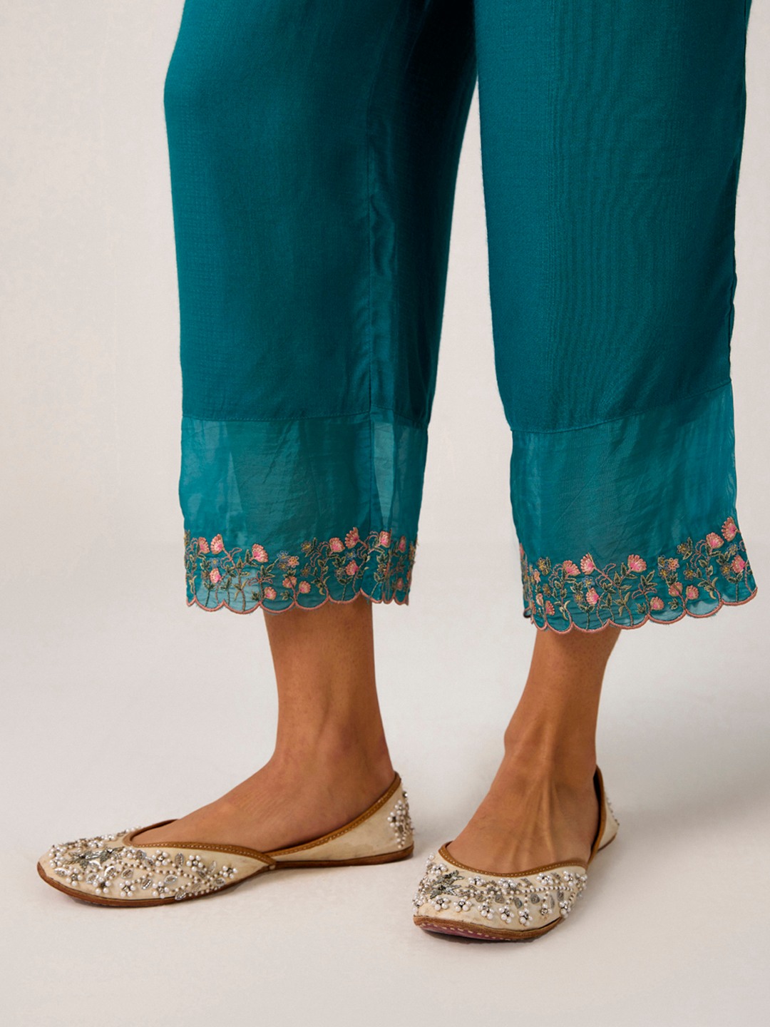 Teal Floral Ebroidered Trouser