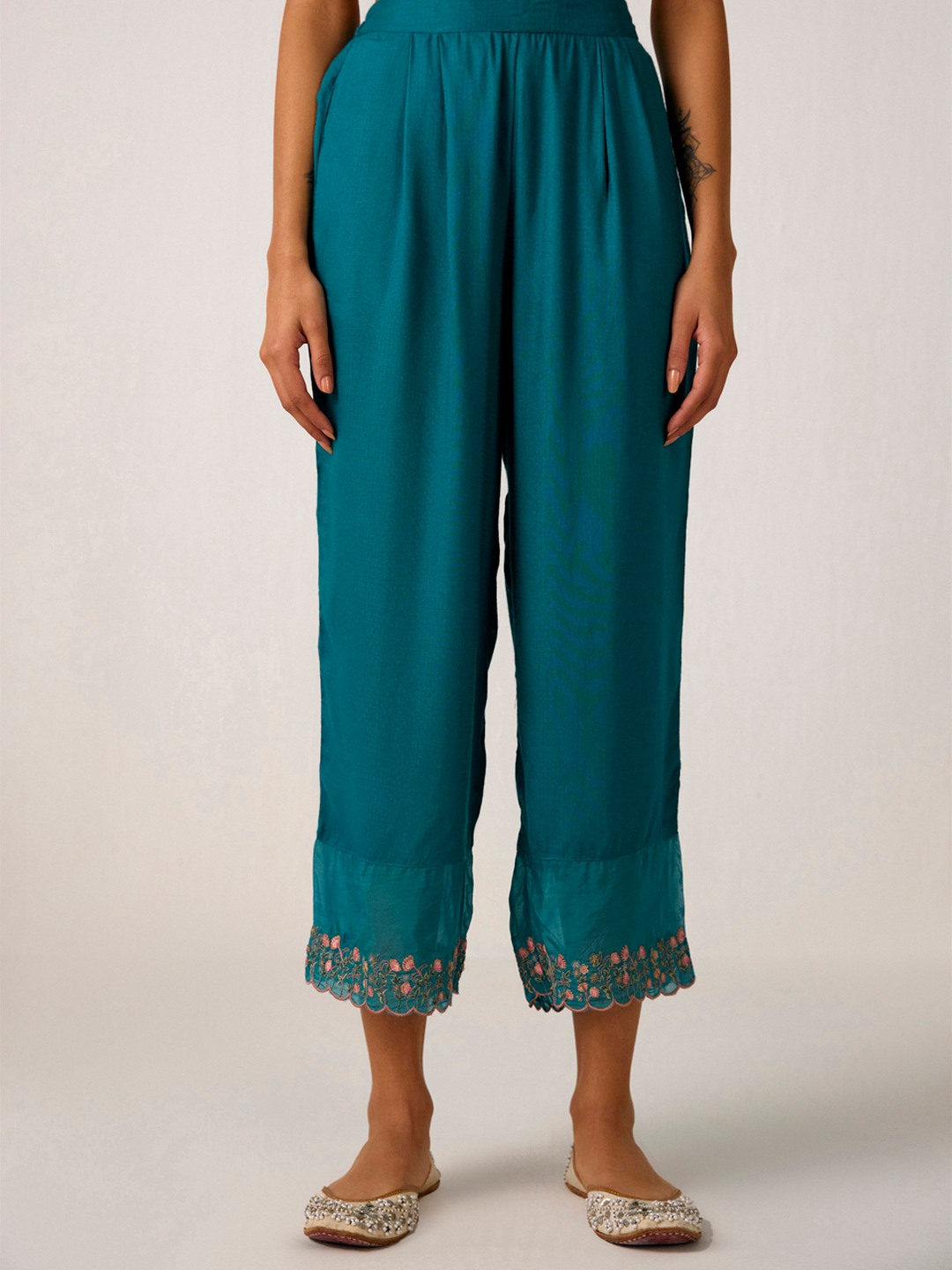 Teal Floral Ebroidered Trouser