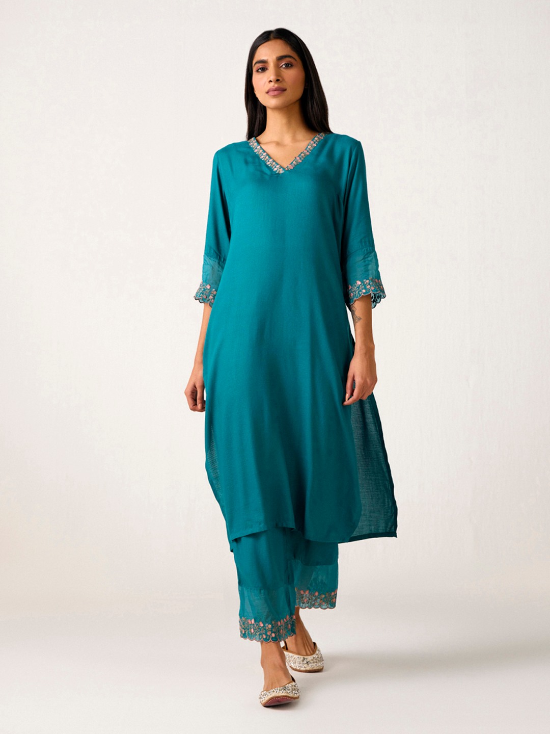 Teal Floral Ebroidered Trouser