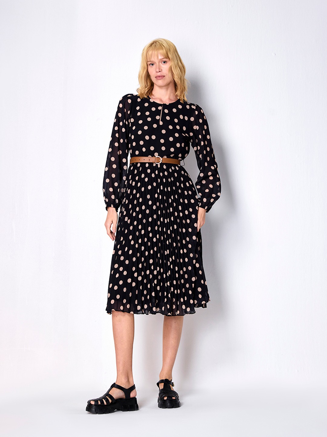 Black Beige Polka Dot Fit Flare Midi Dress Cover Story