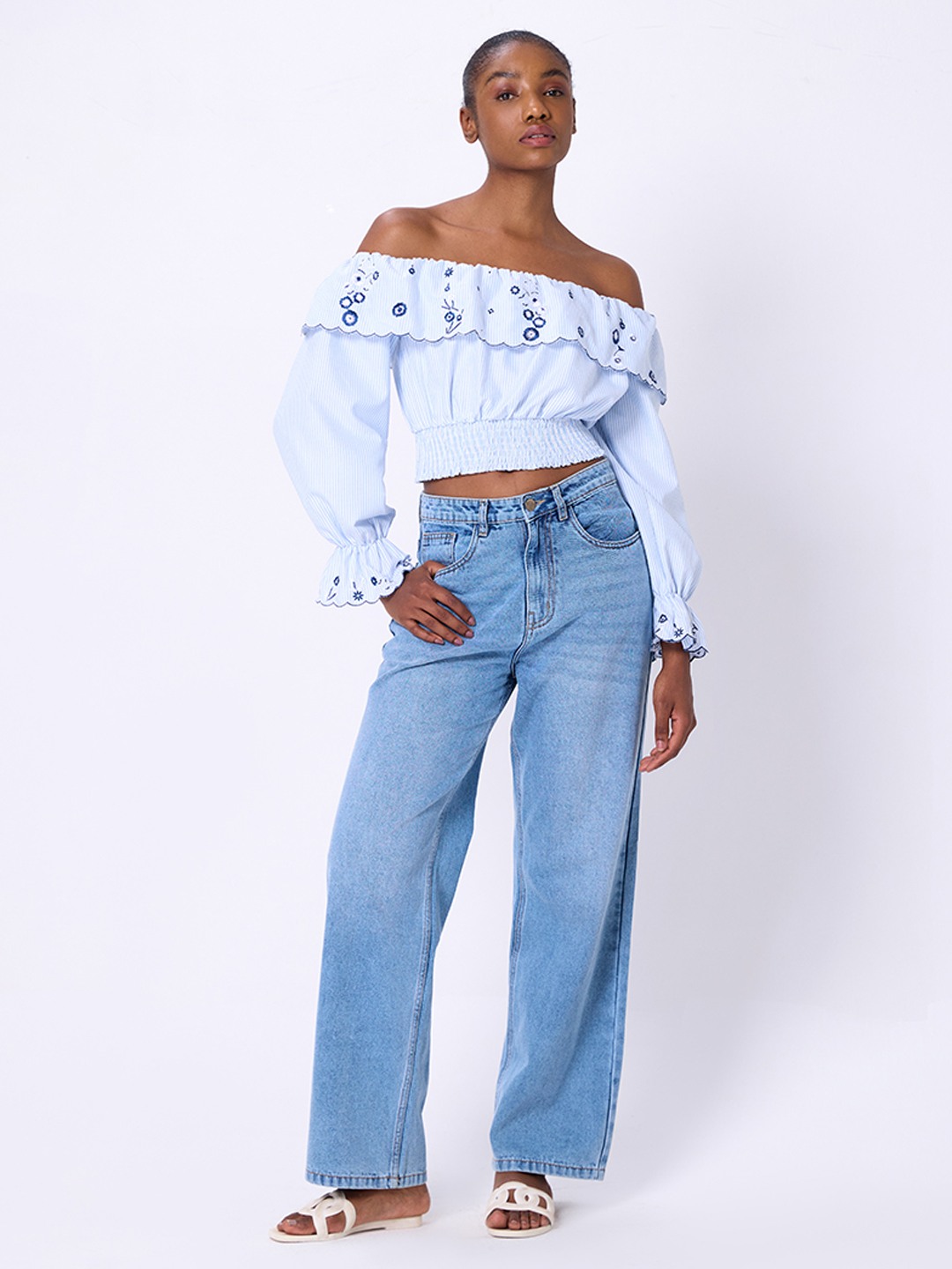 Blue White Stripe Smocked Hem Crop Top