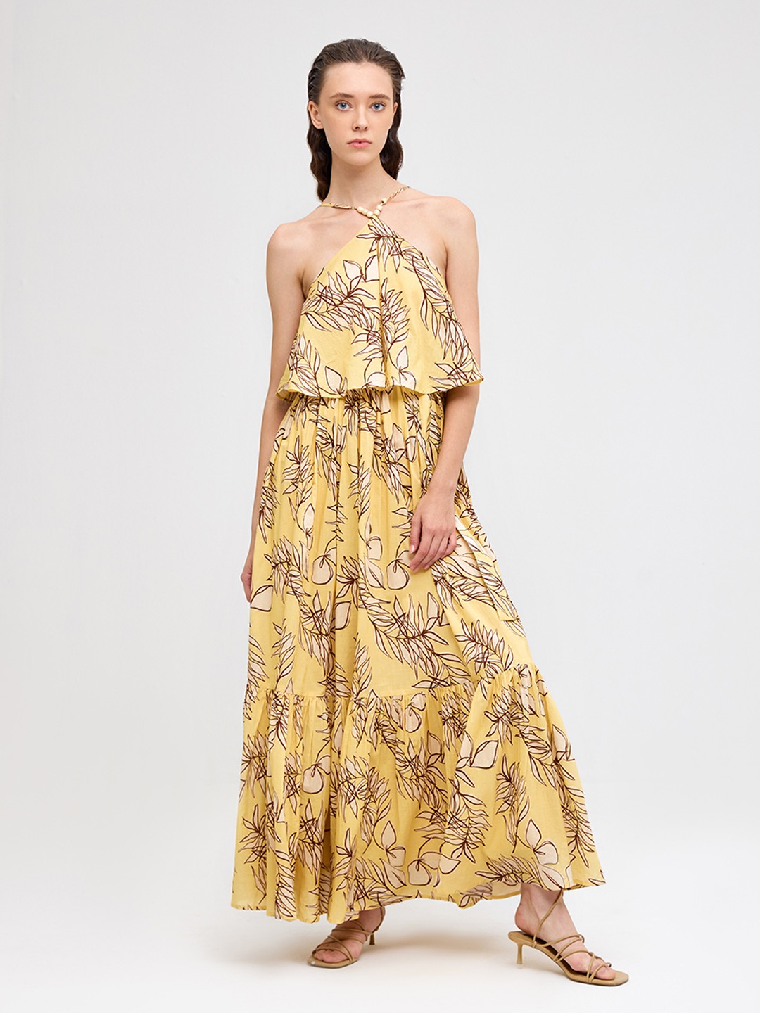 Yellow tropical print halter neck Maxi dress