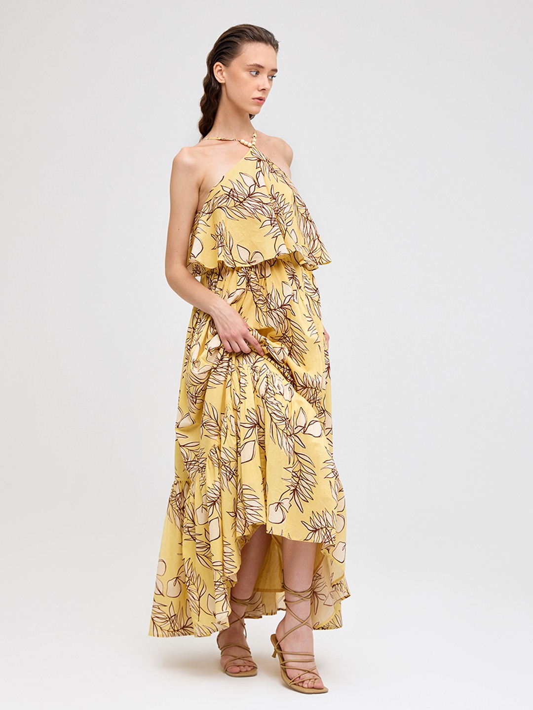 Yellow tropical print halter neck Maxi dress