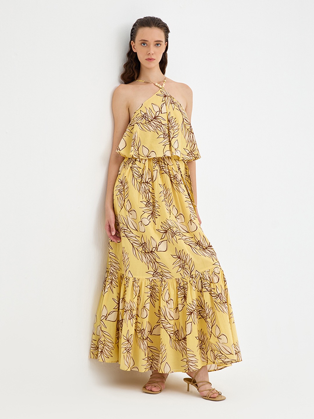 Yellow tropical print halter neck Maxi dress