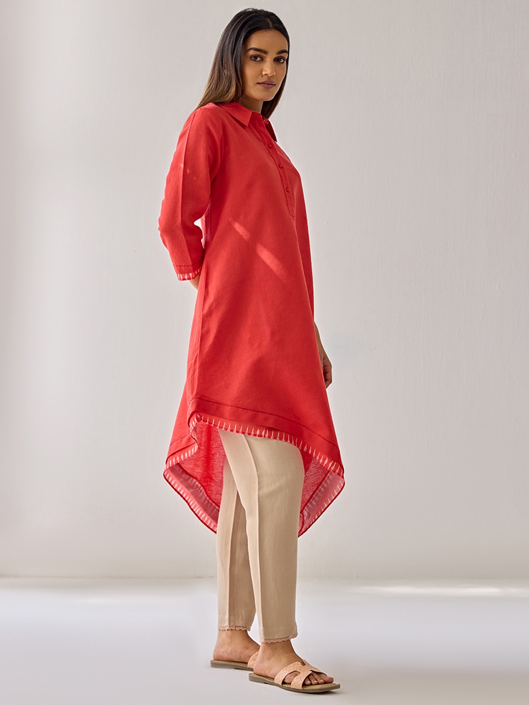 Asymetric Red Linen Kurta