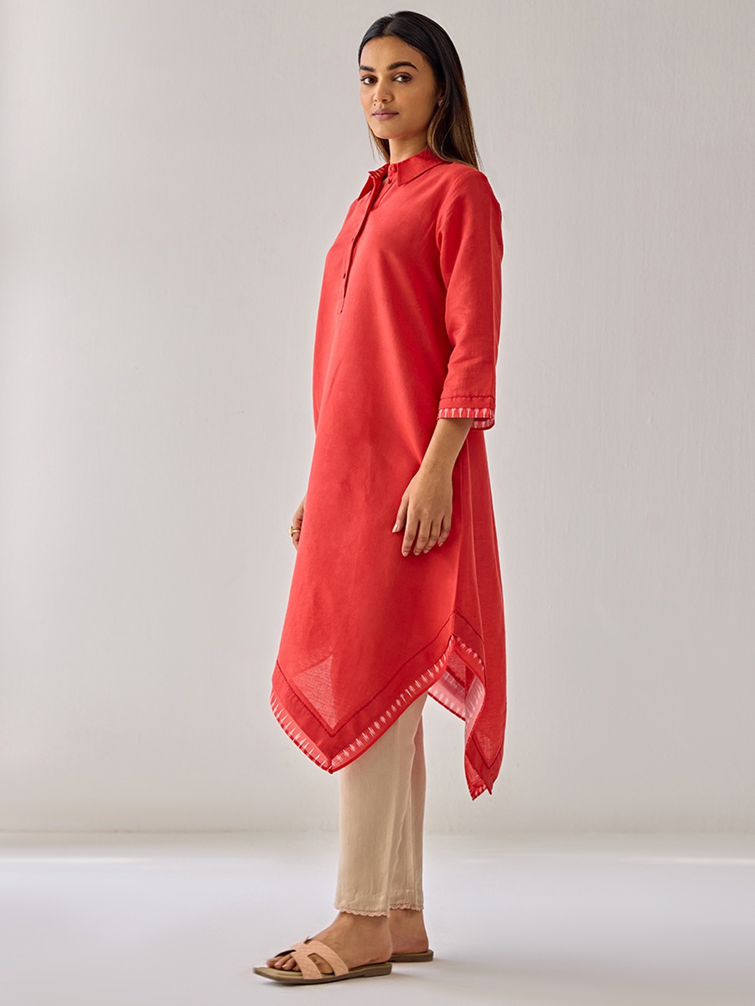 Asymetric Red Linen Kurta