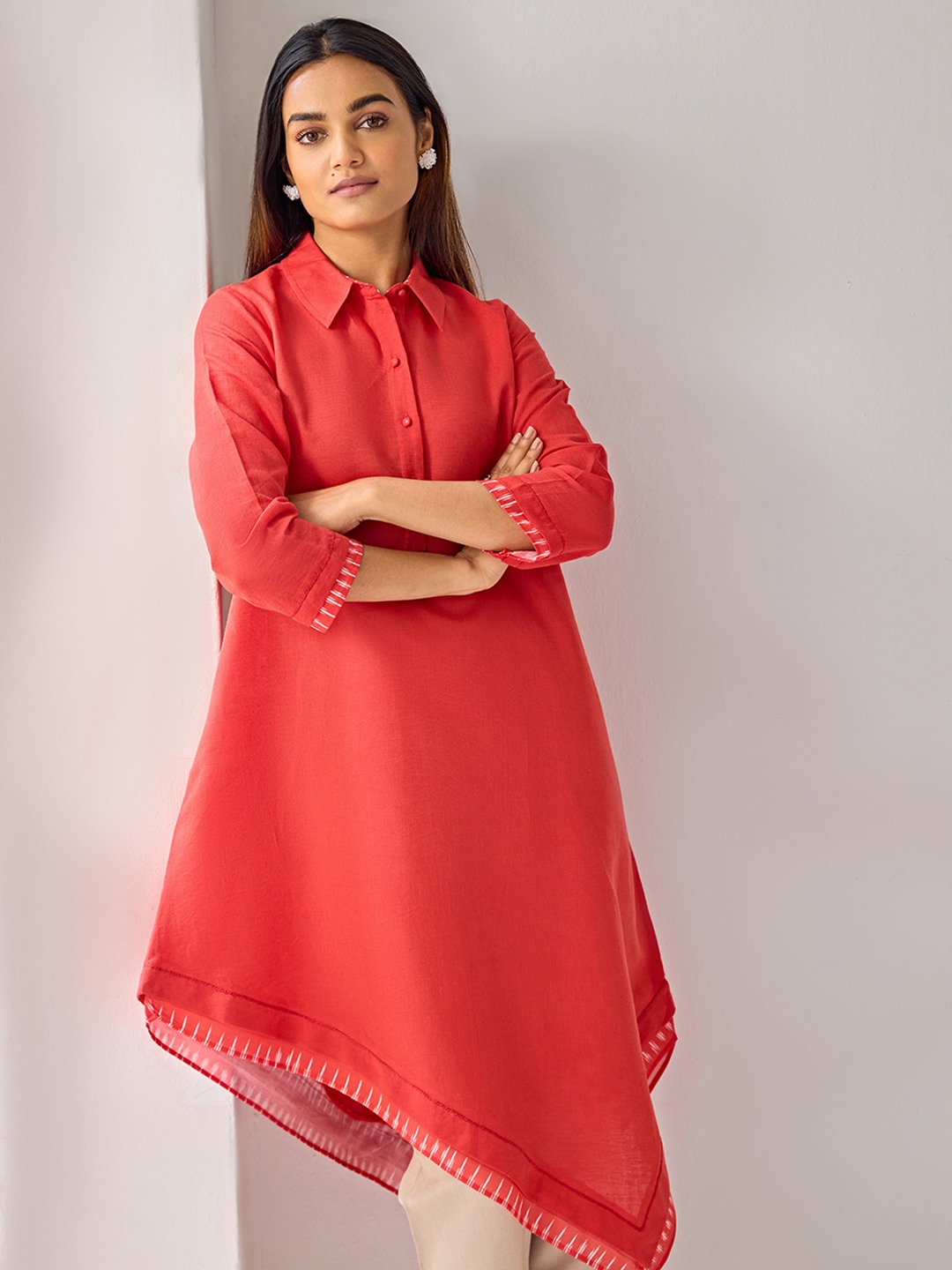 Asymetric Red Linen Kurta