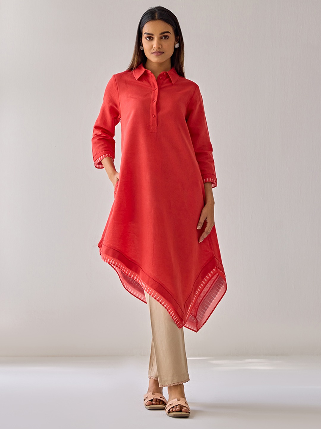 Asymetric Red Linen Kurta