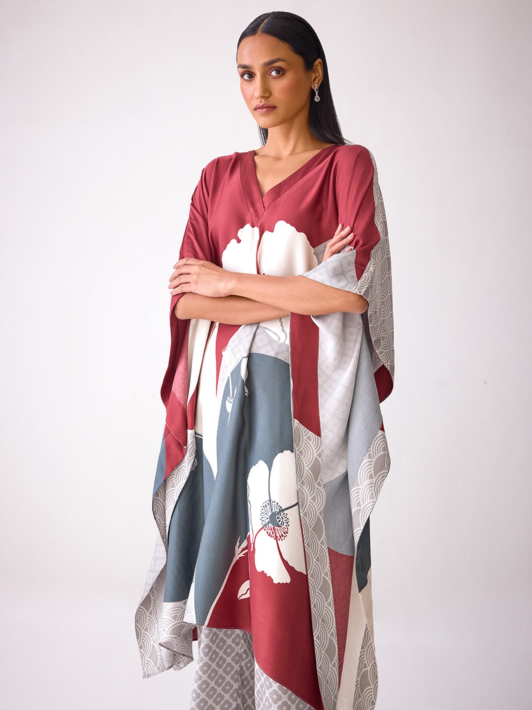 Floral Printed V Neck Kaftan