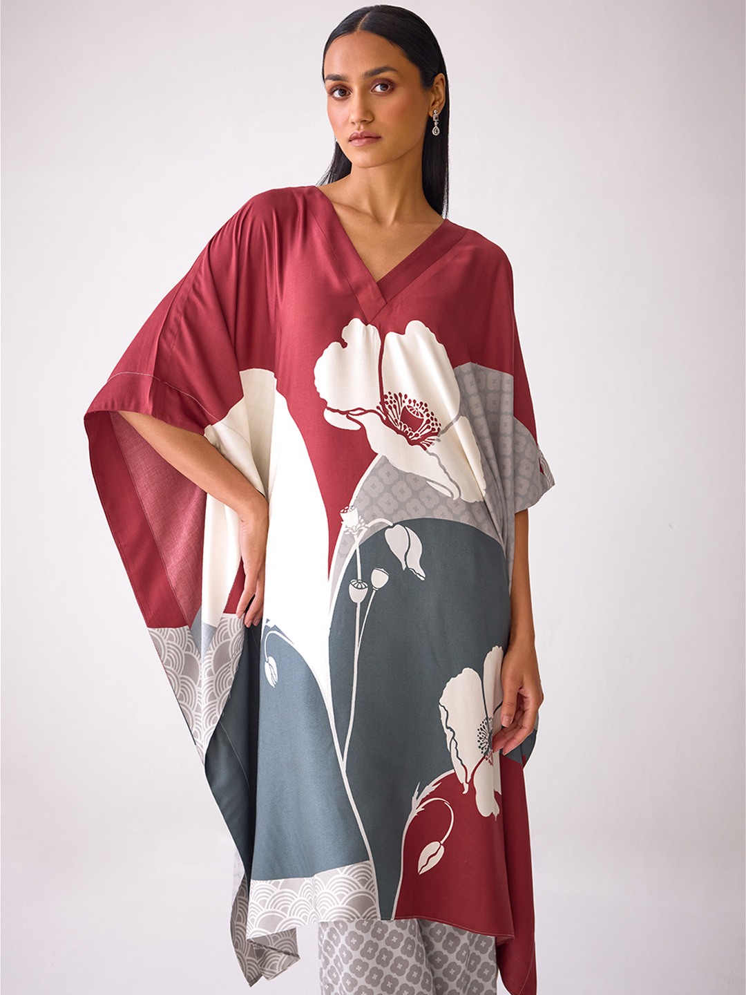 Floral Printed V Neck Kaftan