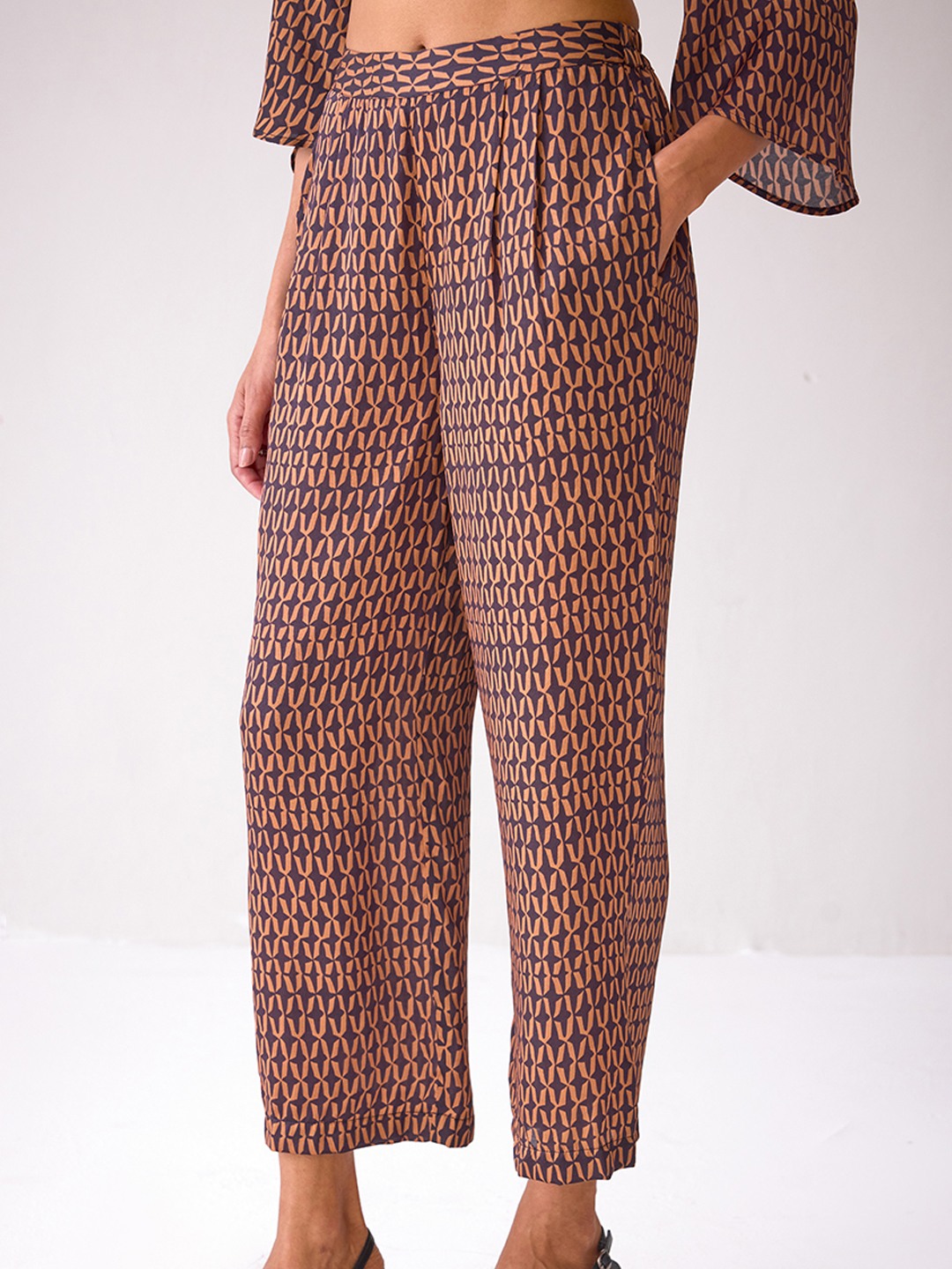 Rust Brown Printed Straight-Leg Trousers