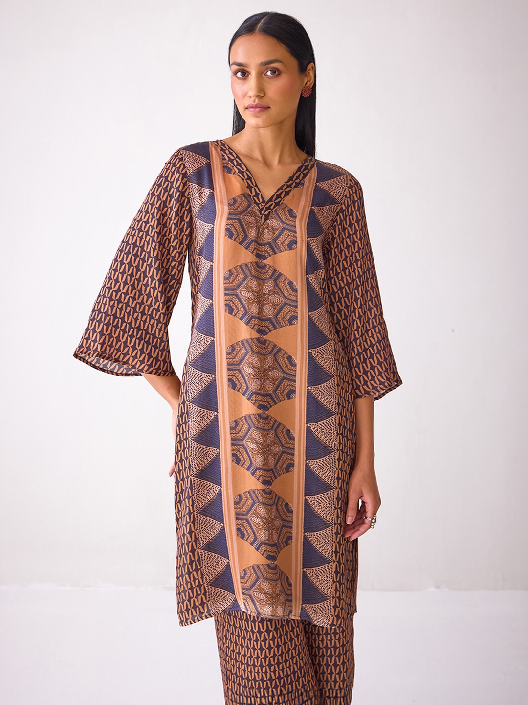 Rust Brown Printed Straight-Leg Trousers