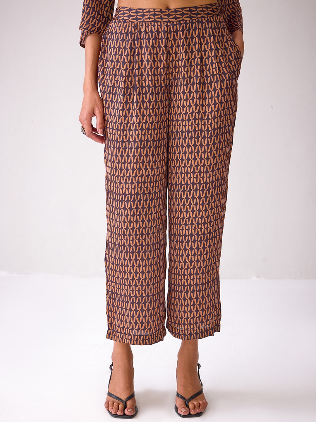 Rust Brown Printed Straight-Leg Trousers