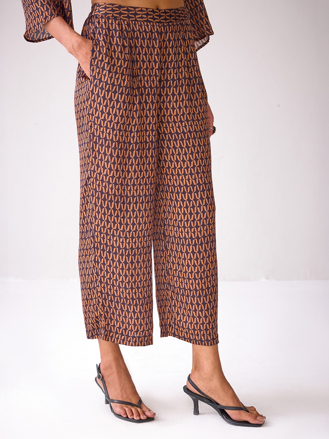 Rust Brown Printed Straight-Leg Trousers