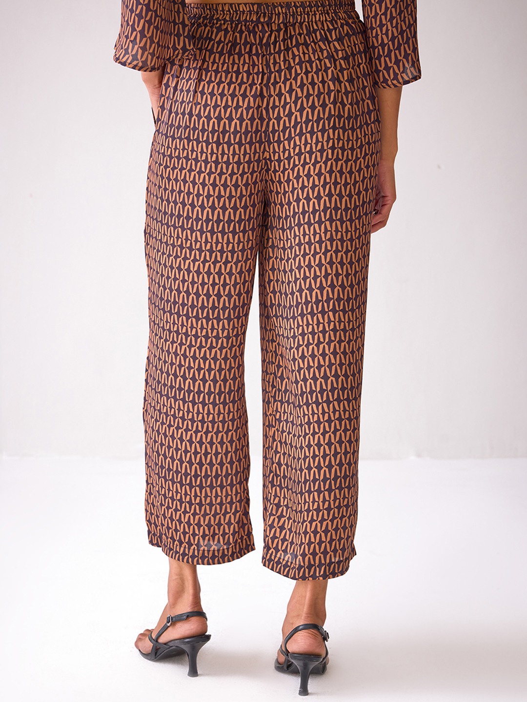 Rust Brown Printed Straight-Leg Trousers