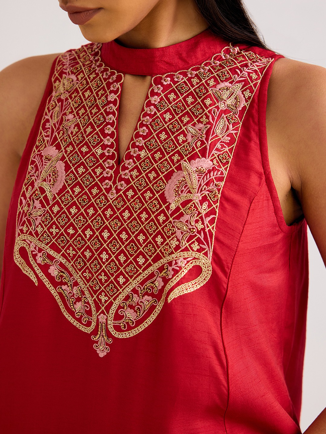 Red Embroidered  A-line kurta