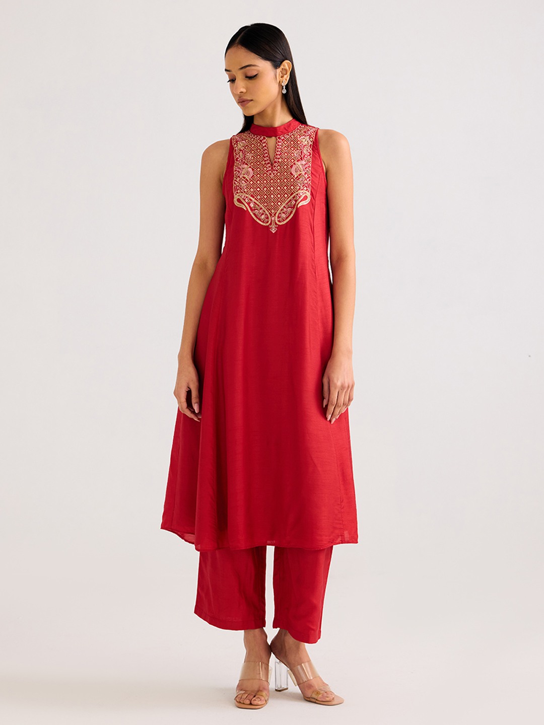 Red Embroidered  A-line kurta