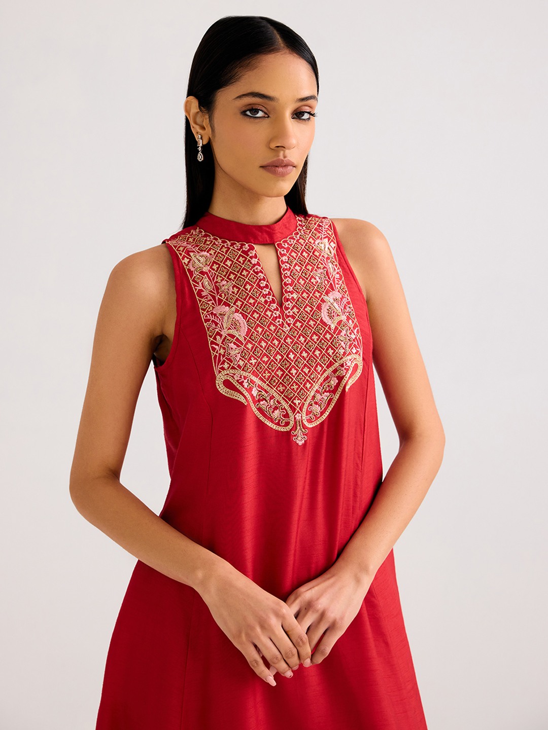 Red Embroidered  A-line kurta