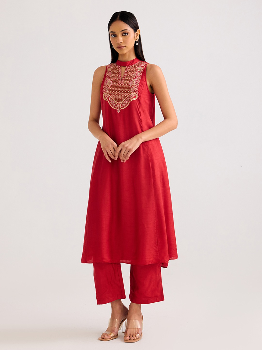 Red Embroidered  A-line kurta