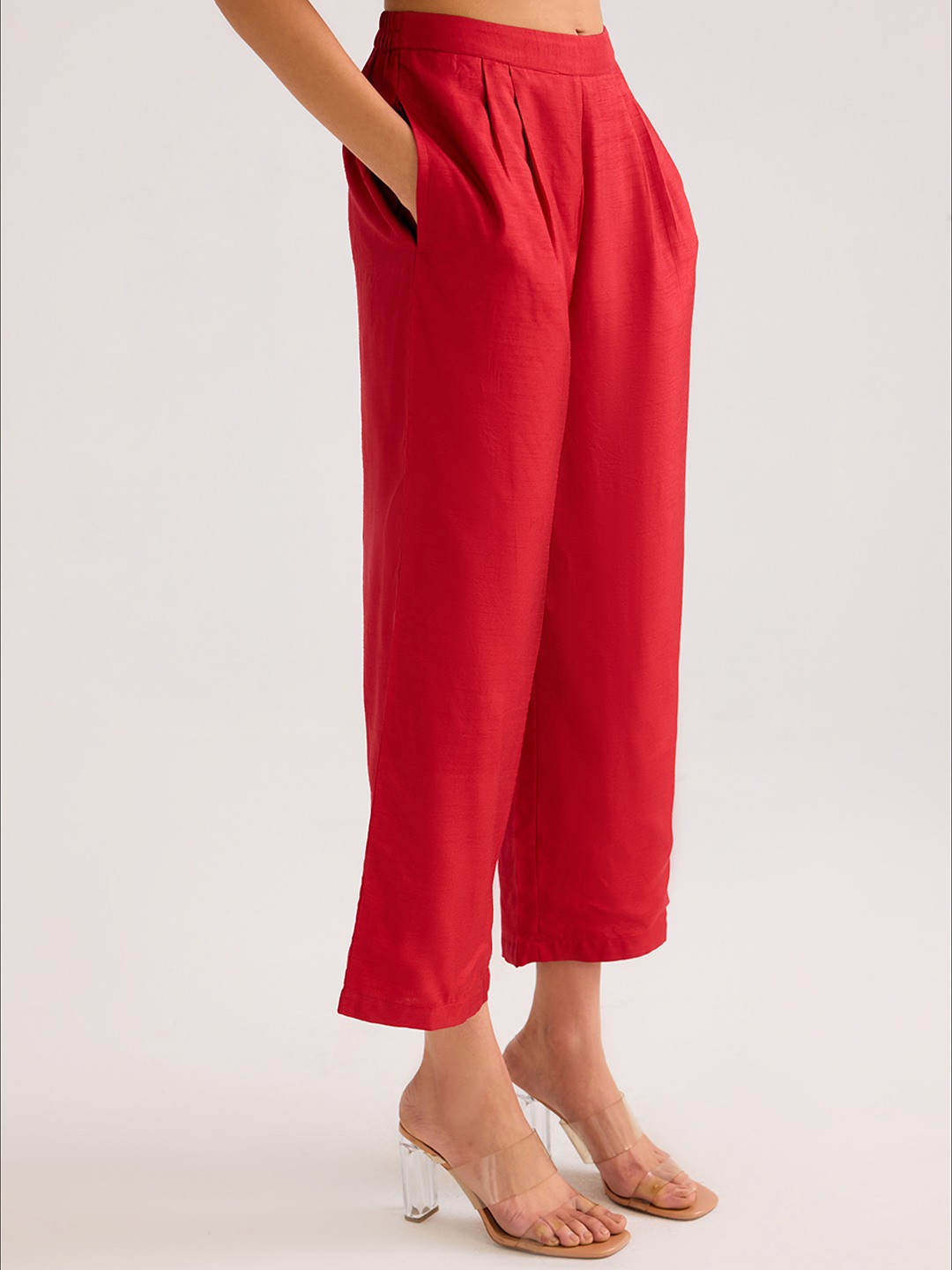 Red Solid Straight Trouser