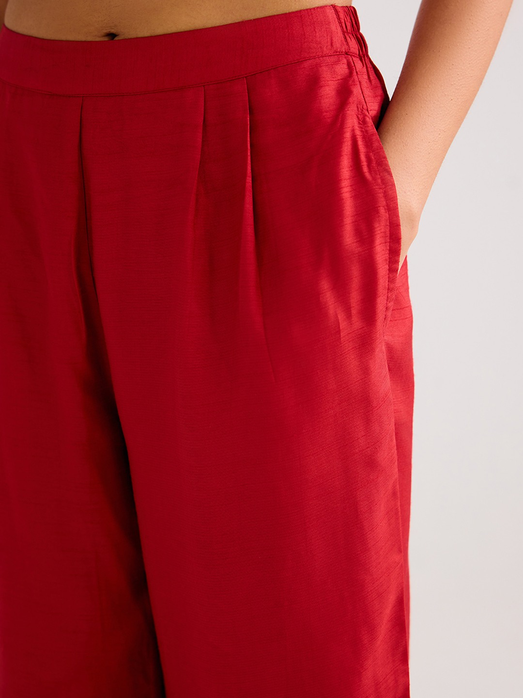 Red Solid Straight Trouser