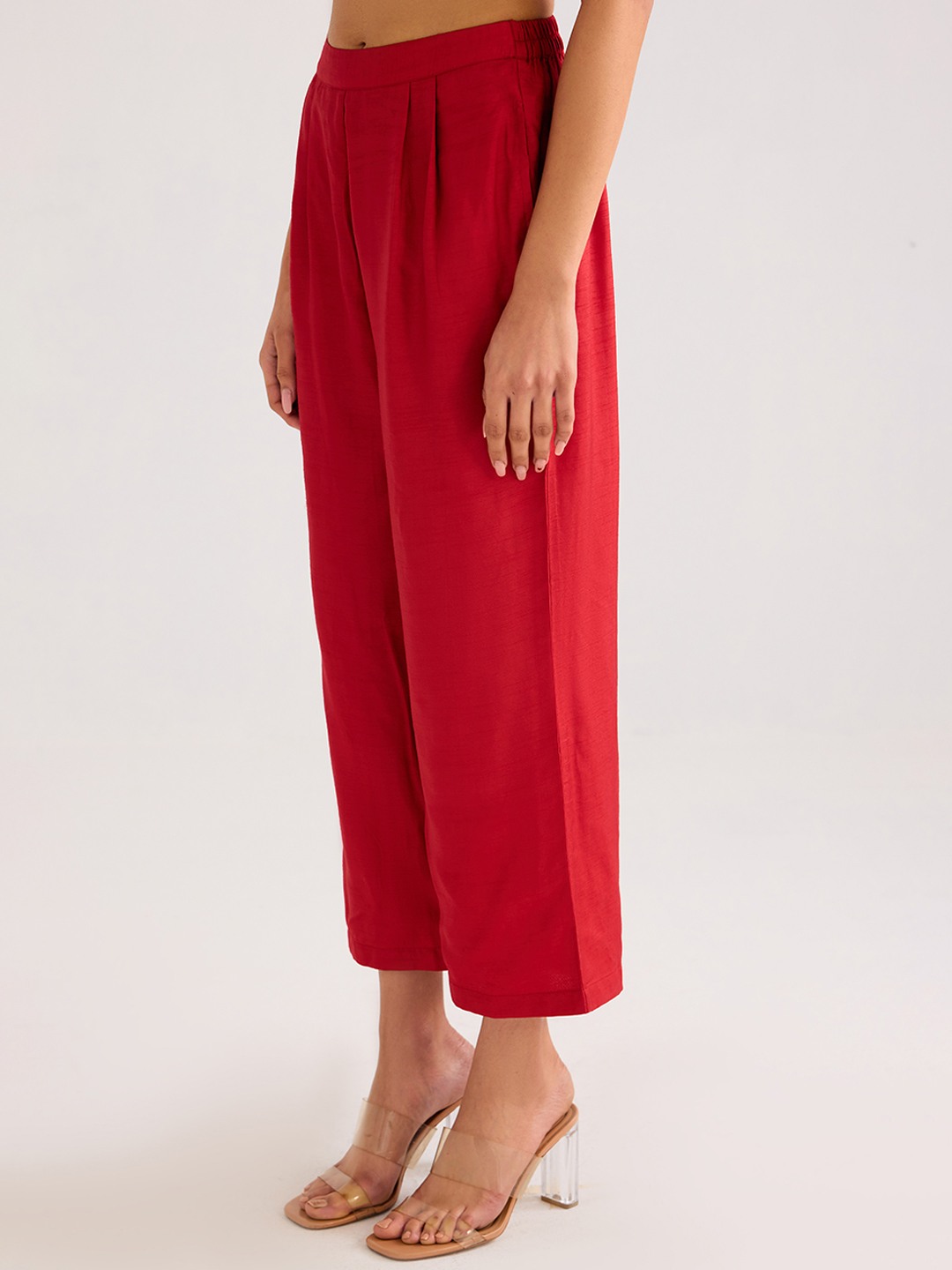Red Solid Straight Trouser