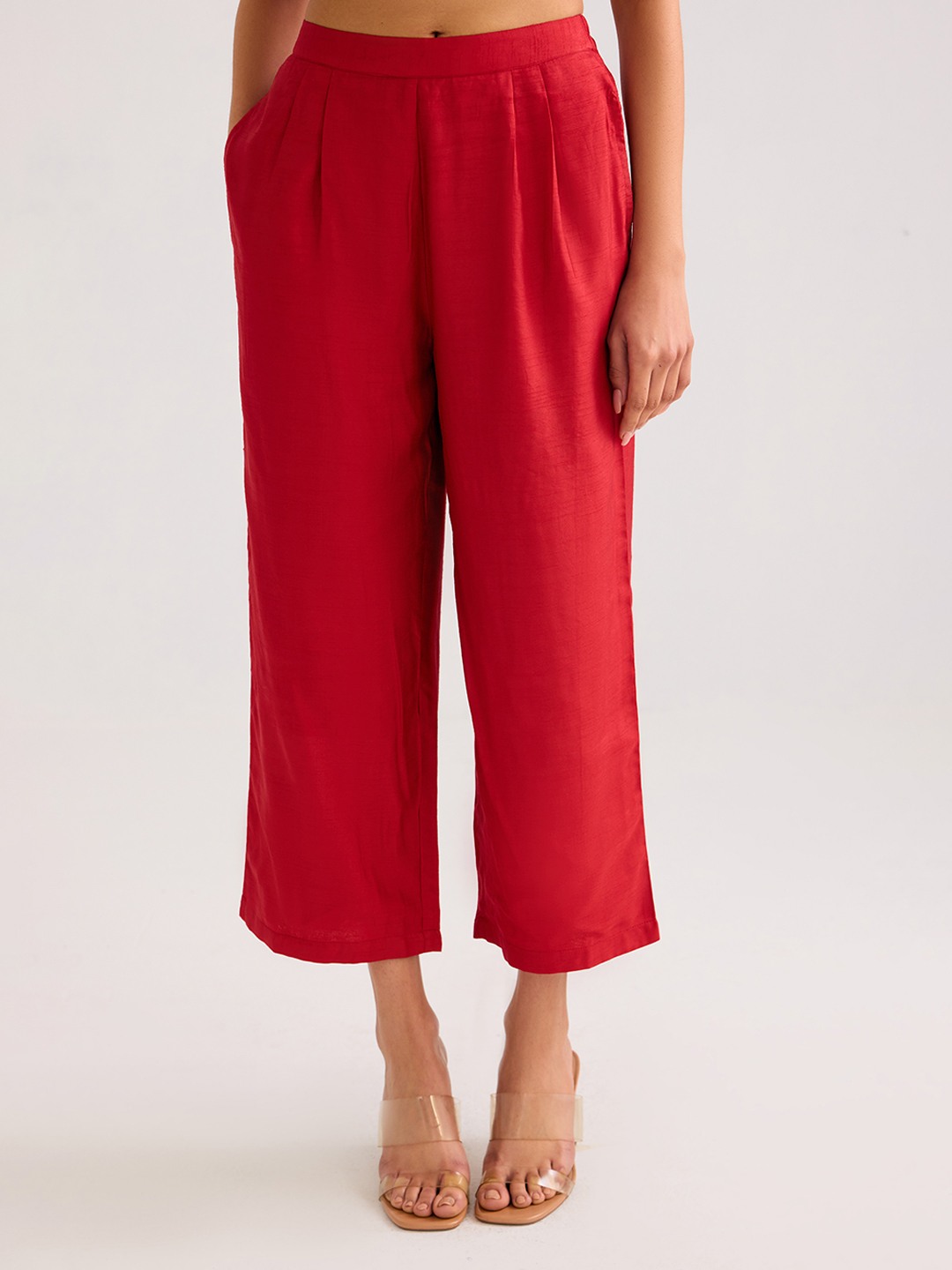 Red Solid Straight Trouser