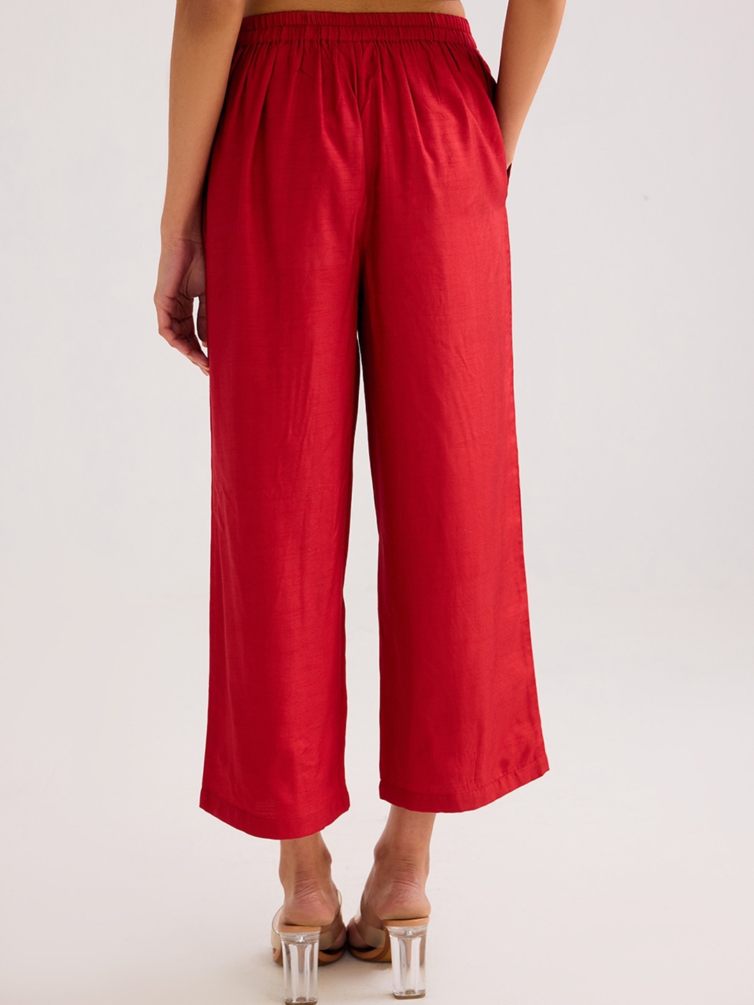 Red Solid Straight Trouser