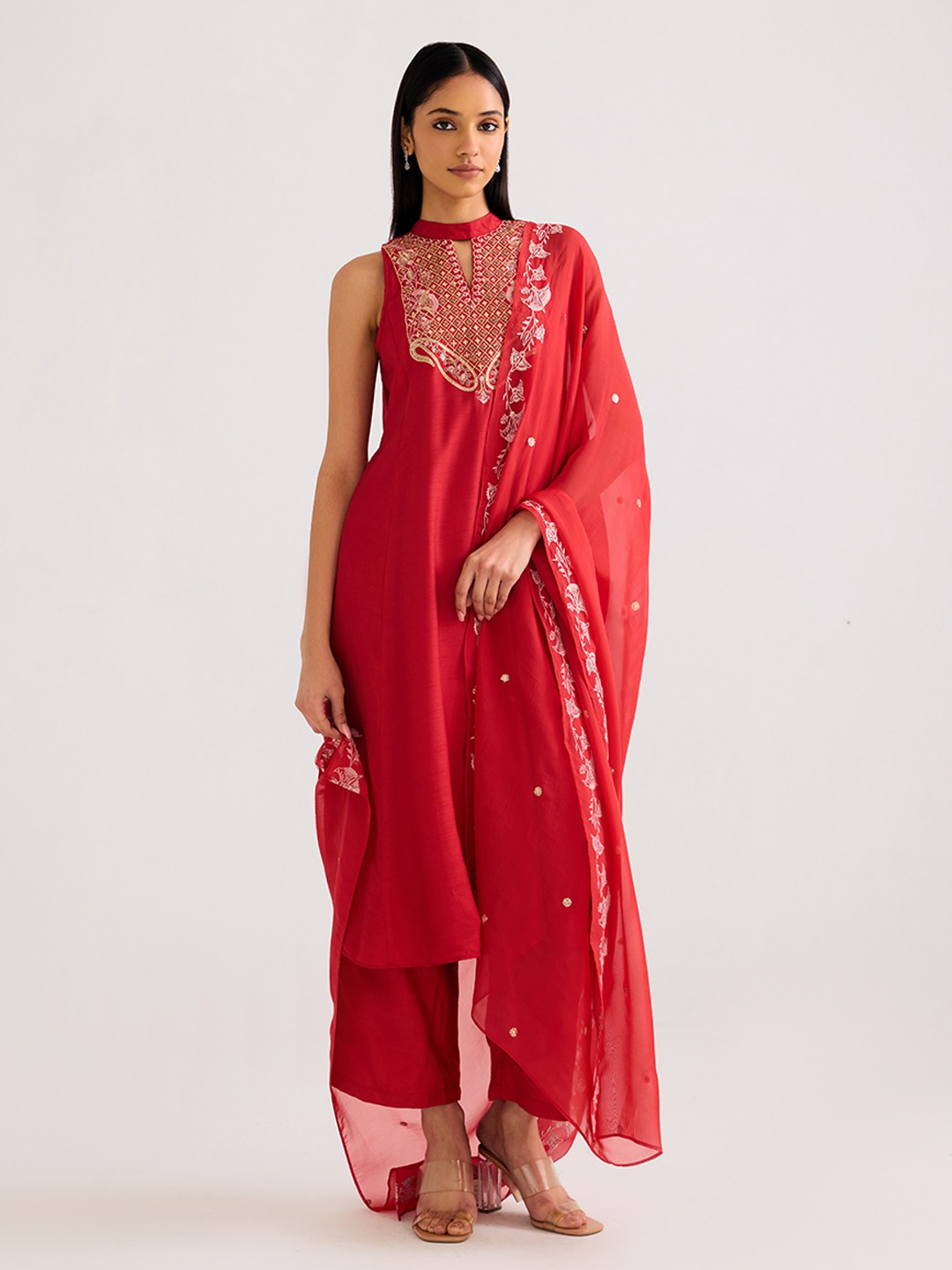 Red Organza Drape with Embroidery