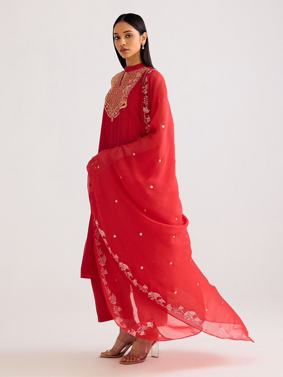 Red Organza Drape with Embroidery