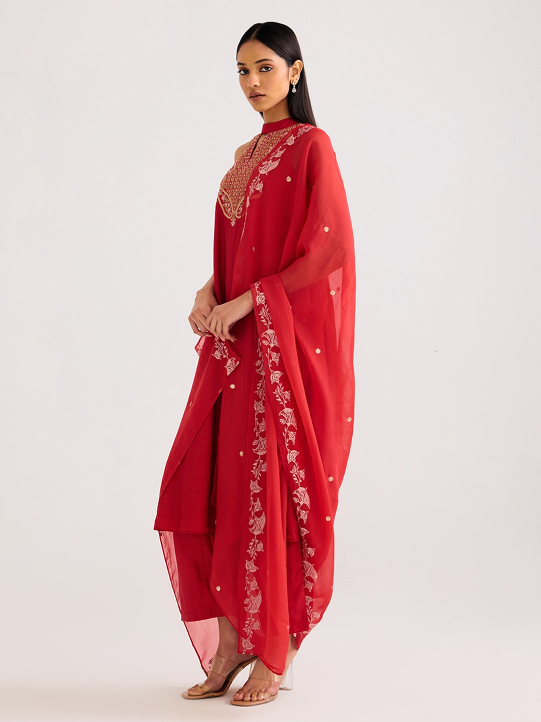 Red Organza Drape with Embroidery